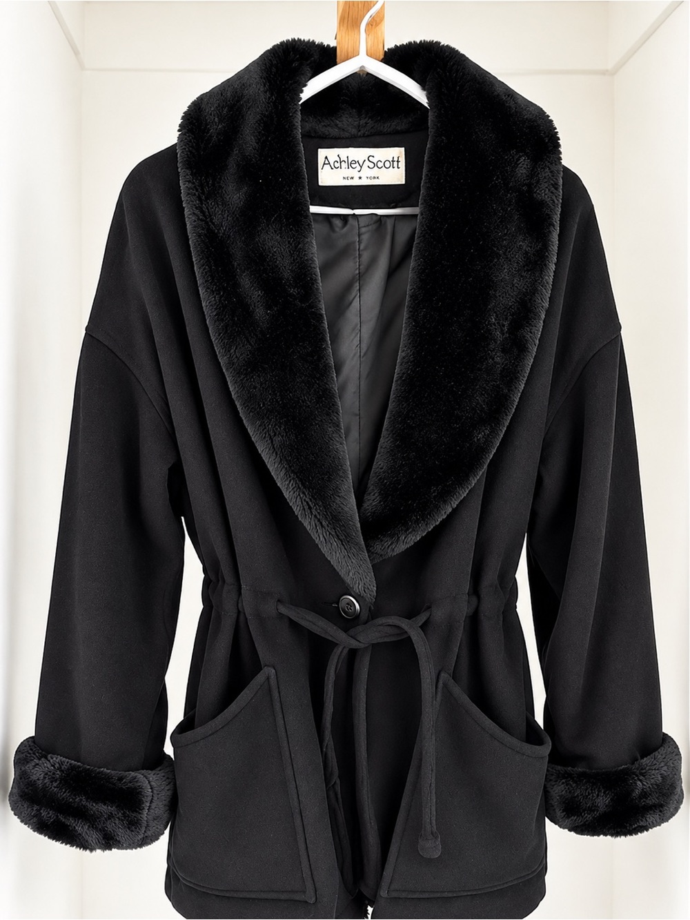 Ashley Scott Black Faux-Fur Trim Robe Coat with Tie Waist